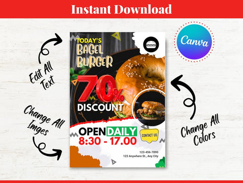 Burger Discount Flyer Template, Restaurant Fast Food Promo, Burger Sale Poster, Editable Canva Flyer, Digital Download