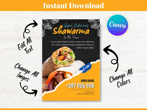 Super Delicious Shawarma Flyer Template, Restaurant Promo Poster, Shawarma Special, Editable Canva Flyer, Digital Download
