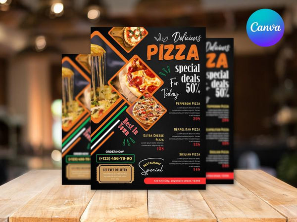 Delicious Pizza Food Flyer Template, Delicious Pizza Flyer, DIY Canva Pizza Flyer, Editable Canva US Letter Size Template for Pizza Flyer